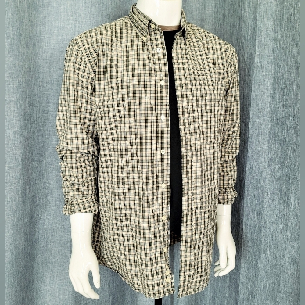 EDDIE BAUER Outfitter Shirt Mid-Weight Rugged Cotton Plaid Tan Green Men's LT